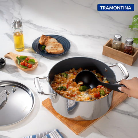 TRAMONTINA Fusao Healthy Triply Ceramic 20Cm/3.1Liters Polished Casserole EX+ With SS 304 Lid | Stock Pot | Biryani Pot | Induction Friendly | Stay Cool Handle I 10 Year Warranty* By Brand, Silver