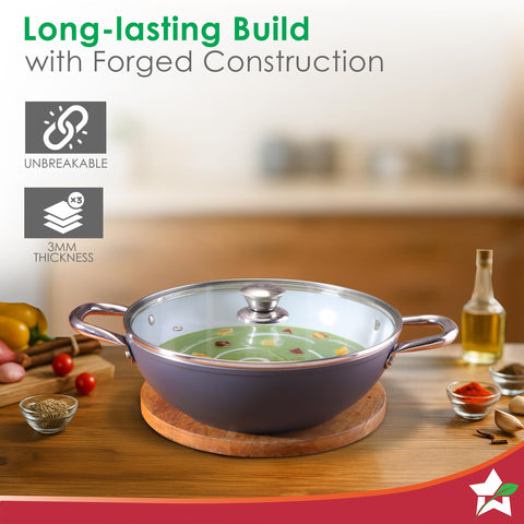 Wonderchef Eco-Glide Kadhai with Glass Lid | | Chemical-Free Ceramic Coating | 24cm, 2.5L | Healthy, Low Oil Meals | Scratch-Resistant | Stainless-Steel Handle | Gas & Induction Compatible | Grey
