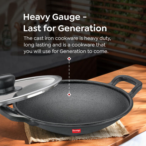 Prestige Cast Iron Cookware Black Appachetty with Glass Lid 20cm|Even Heat Distribution| Scratch Resistant | Gas and Induction Compatible | Heavy Gauge-Lasts for Generations