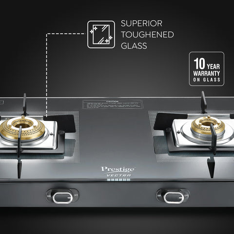 Prestige Vectra 2 Burner Glasstop Open Gas Stove|Superior Toughened Glass|Jumbo Brass Burner|3-Way Gas Inlet|360 Degree Revolving Nozzle|10 Years Warranty On Glass|Black