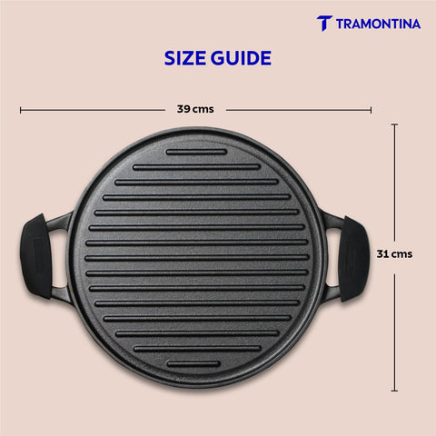 TRAMONTINA TITANEX 30cm Reversible Cast Iron Grill Pan/Tawa | Pre-Seasoned 2-in-1 Pan for Dosa, Roti, Pancakes, Grilling & Searing | Gas & Induction Compatible | Cool Touch Grips.