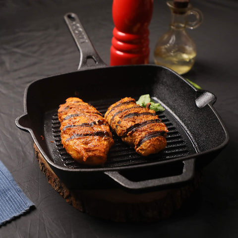 Vinod Legacy Pre Seasoned Cast Iron Grill Pan - 24 cm | Naturally Non Stick Loha Barbeque/Tandoor Grill Pan | 100% Pure | Easy Pour Spout | Toxin Free | Safety Sleeve