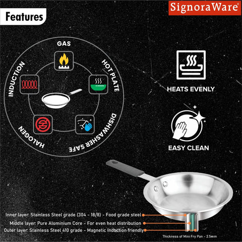 SignoraWare Artista Tri-Ply Stainless Steel Mini Frypan 14cm | Less oil needed | Save Energy & Time | Easy to Clean | Ideal for Quick Stir-Fries | Best for Toast Bread, Buns Or Mini Dosa (520ml)