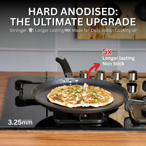Vinod Hanos Hard Anodised Non Stick Dosa Tawa 27 cm | 5.25 mm Thick Base | 5X Longer Lasting Than Ordinary Non-Stick | Metal Spoon Safe | Induction & Gas Compatible | Soft Touch Handle | PFOA Free
