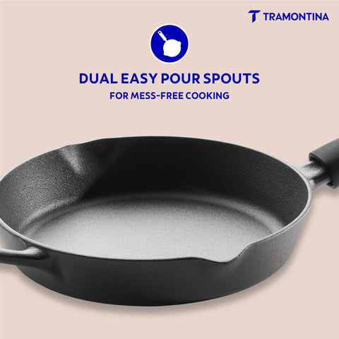 TRAMONTINA Titanex 24cm Cast Iron Fry Pan – Pre-Seasoned Skillet with Pour Spouts | Saute, Stir-Fry, Deep Fry, Sear & Bake | Gas & Induction Compatible | Natural Stone Finish