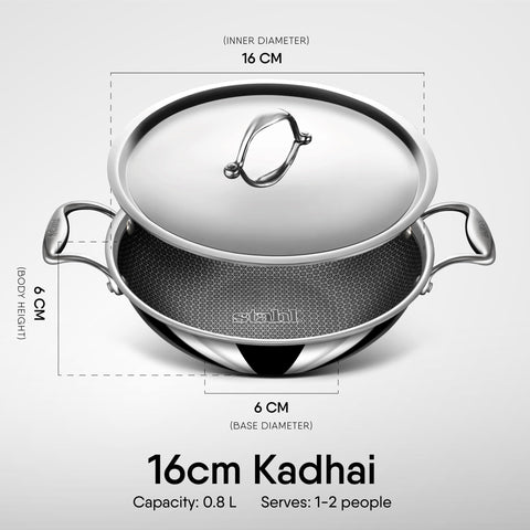 Stahl Artisan Hybrid Triply Non Stick Kadai with Lid, Stainless Steel Kadai for Cooking, Triply Kadhai Metal Spatula Friendly, Induction & Gas Stove Compatible, 0.8 L, 16 cm