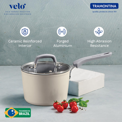 Tramontina Velo 16cm/1.9L Forged with Ceramic Reinforced Interior Sauce Pan with GlassLid | Milk Boiling Pot/Pan |Tea Pan/Pot | Gas/Induction | Silicone Grip Handles | Cook & Serve | Sand Beige