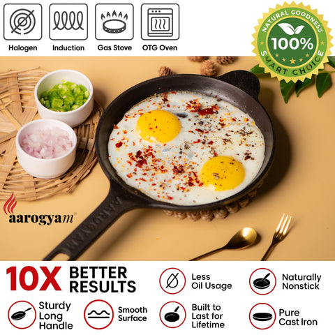 Aarogyam Cast Iron Shallow Fry Omlet Pan Tawa - 8 Inch Diameter, Perfect for 2 Egg Omlet/Uttapam/Roasting, Long Handle, Gas & Induction Compatible, Pre-Seasoned, Naturally Nonstick, Weight 650 Grams