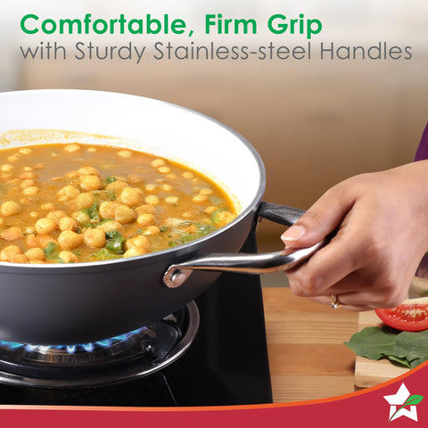 Wonderchef Eco-Glide Kadhai with Glass Lid | | Chemical-Free Ceramic Coating | 24cm, 2.5L | Healthy, Low Oil Meals | Scratch-Resistant | Stainless-Steel Handle | Gas & Induction Compatible | Grey
