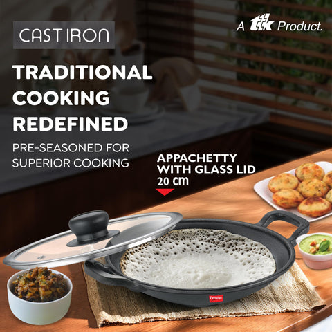 Prestige Cast Iron Cookware Black Appachetty with Glass Lid 20cm|Even Heat Distribution| Scratch Resistant | Gas and Induction Compatible | Heavy Gauge-Lasts for Generations
