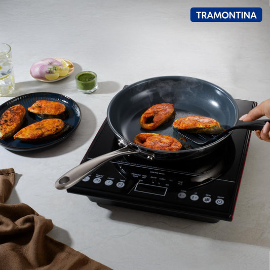 TRAMONTINA Fusao Healthy Triply Ceramic 26Cm Frypan EX+ With Ss 304 Lid | Non Toxic (PFAS/PTFE/PFOA Free) | Omlete Pan | Saute | Induction Friendly | Stay Cool Handle I 10 Year Warranty*, Silver