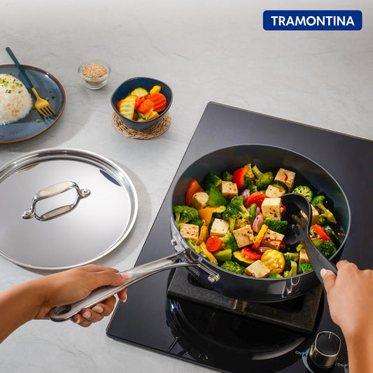 Tramontina Fusao EX+ Ceramic Coated 24cm / 2.8L Triply Stainless Steel Saute Pan with Lid | Curry, Stir-Fry, Deep Fry Cooking Pan | Gas/Induction Compatible Cookware | 10 Year Warranty