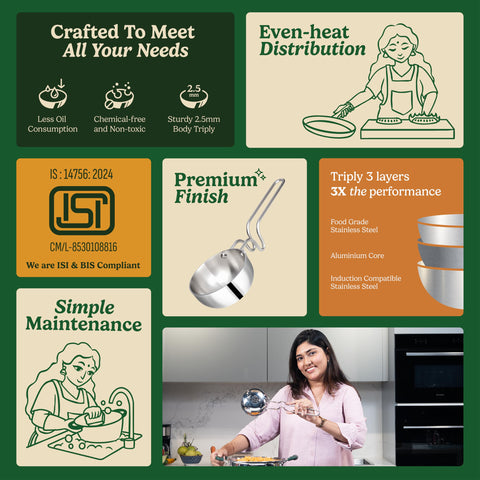 Zira Triply Heavy Duty Stainless Steel Tadka Pan 12 cm | 400 ml | 2.5 mm Thick Base for Even Heating | Induction & Gas Friendly Triply Cookware | Durable Steel Tadka Pan for Tempering Spices and Ghee