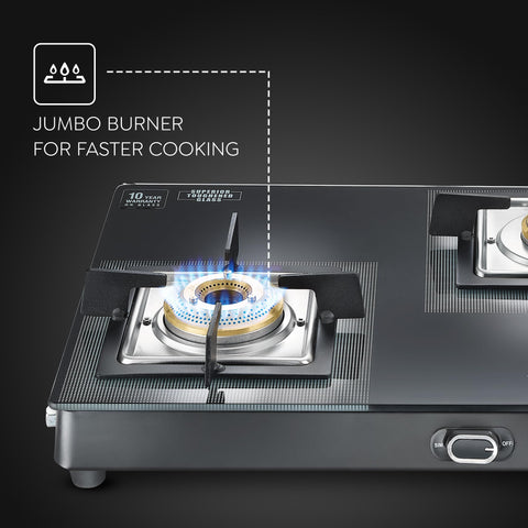 Prestige Vectra 3 Burner Glasstop Gas Stove|Superior Toughened Glass|Jumbo Brass Burner|3-Way Gas Inlet|360 Degree Revolving Nozzle|10 Years Warranty on Glass|Black,open