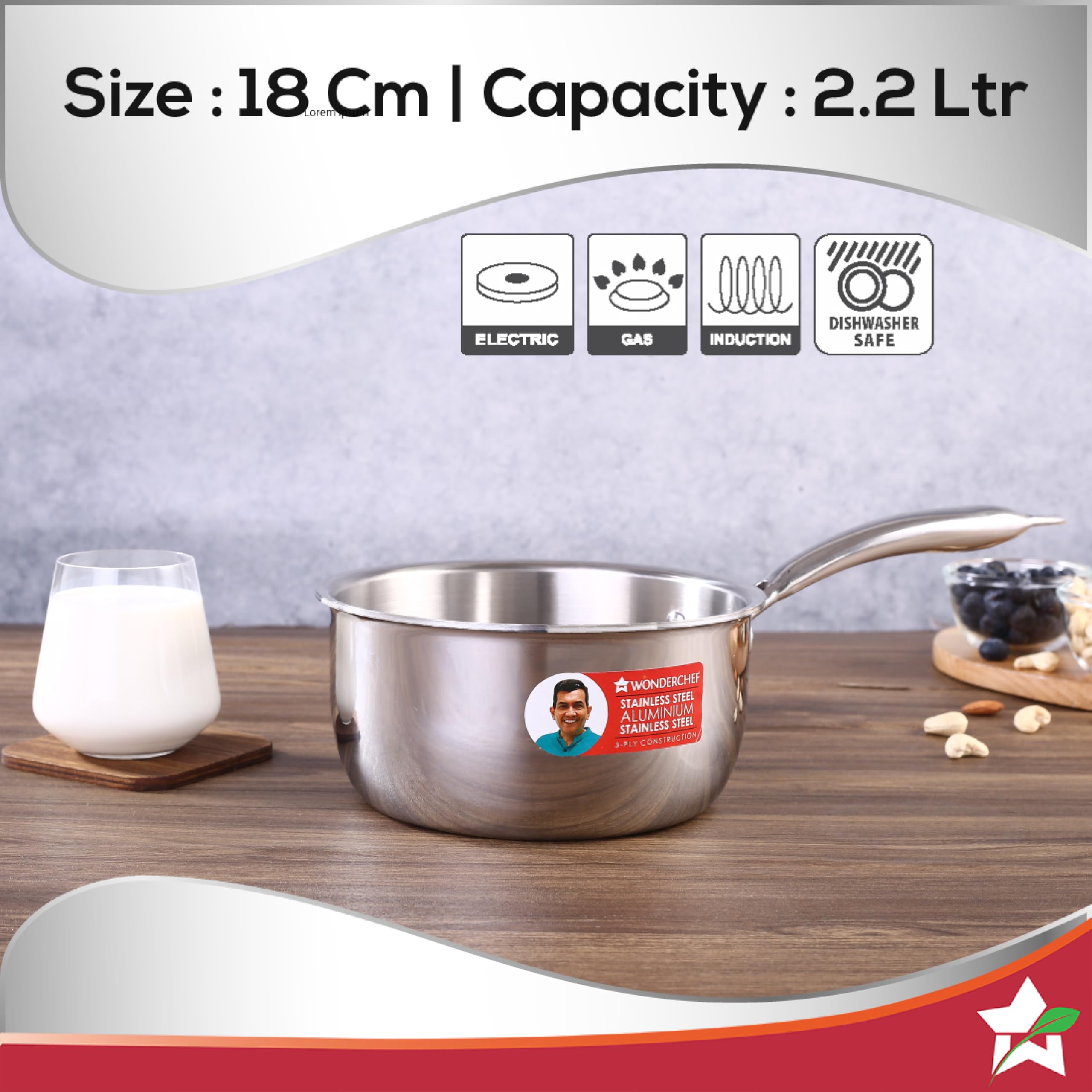 Wonderchef Nigella 18 cm Tri-ply Stainless Steel Saucepan – 2.2 L