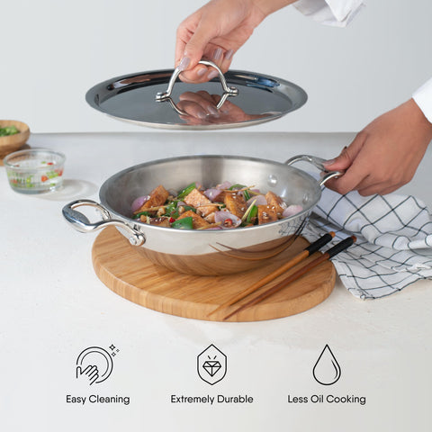 Stahl Artisan Triply 0.8 L, 16 cm Stainless Steel Kadhai with Lid,Kadai for Cooking, Stainless Steel Cookware Triply Kadai, Induction & Gas Stove Compatible