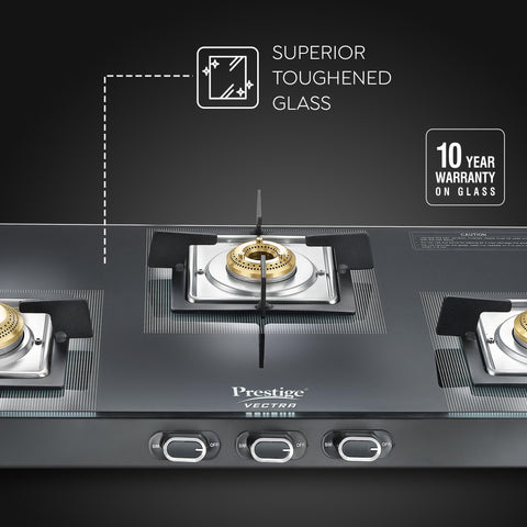 Prestige Vectra 3 Burner Glasstop Gas Stove|Superior Toughened Glass|Jumbo Brass Burner|3-Way Gas Inlet|360 Degree Revolving Nozzle|10 Years Warranty on Glass|Black,open