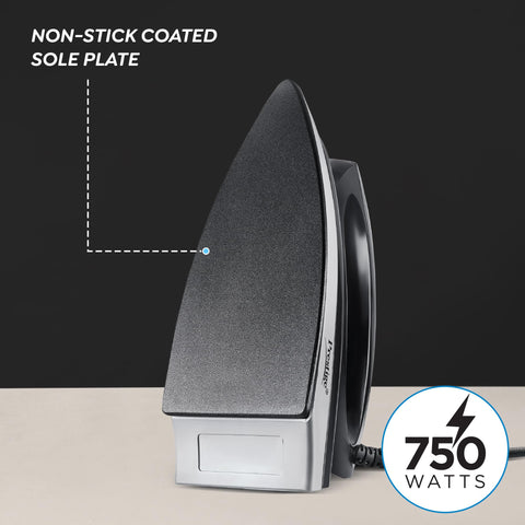 Prestige Magic Spark 750W Dry Iron|Greblon Non-Stick Coated Sole Plate|Wide Range Of Fabric Interface|Light Weight|Neon Indicator Light|2 Years Warranty|Yellow & Black