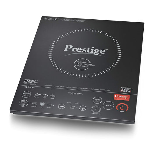 Prestige PIC 6.1 V3 2200 Watts Induction Cooktop | Patented Automatic Whistle Counter | 4KV Surge Protection | 7 Preset Indian Menu Options With Timer | Touch Button | Black | 1Y Warranty | BIS
