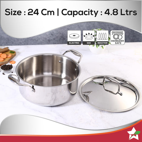 Wonderchef Nigella 24cm Tri-Ply Stainless Steel Casserole | 4.8L
