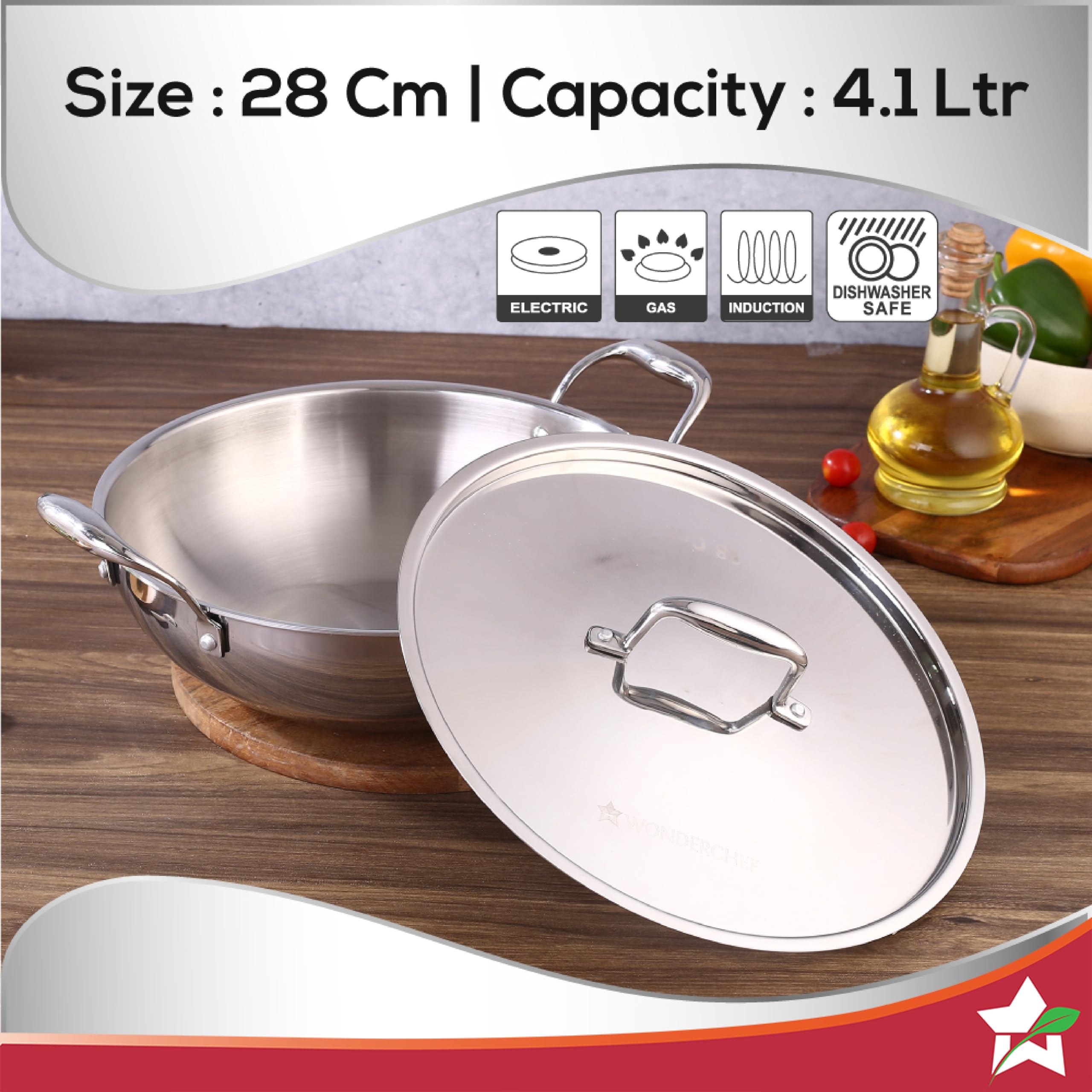Wonderchef Nigella 28 cm Tri-ply Stainless Steel Kadhai with Lid 4.1 L