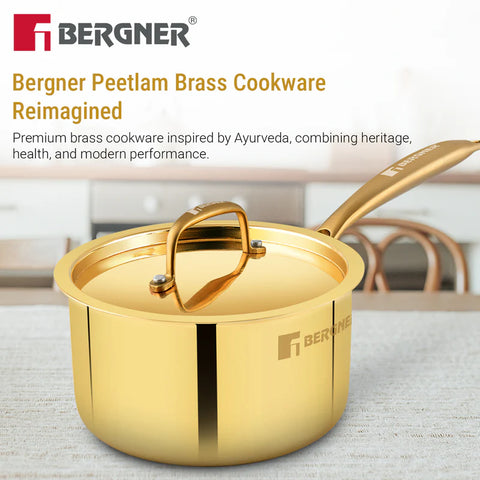 Bergner Peetlam Saucepan with Lid 16cm (1.6L), Traditional Brass Saucepan with Tin (Kalai) Coated, Healthy Cooking, Ergonomic PVD Gold Handle with Comfortable Grip, Durable - Gas Stove Compatible