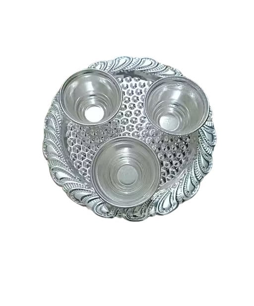 German Silver Kumkum Holder Kamal Shape Bowl (3pcs)Set With Plate