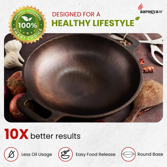 Aarogyam Cast Iron Round Kadai – 30cm Non-Stick, 3.5L Capacity Tawa Kadhai