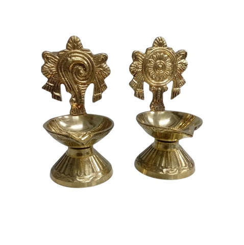 Brass Antique Stand Shankhu Chakra Diyas Brass (Pack of 2) Table Diya