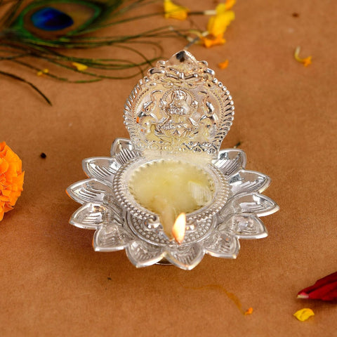 Lotus Laxmi Diya/Deepam/Deepak Silver Plated (Pack of 2)