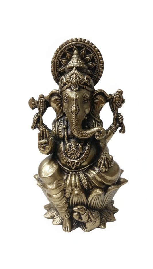 3D Brass Ganesh Sitting on Lotus Statue – Exquisite Divine Decor for Home, Office & Puja