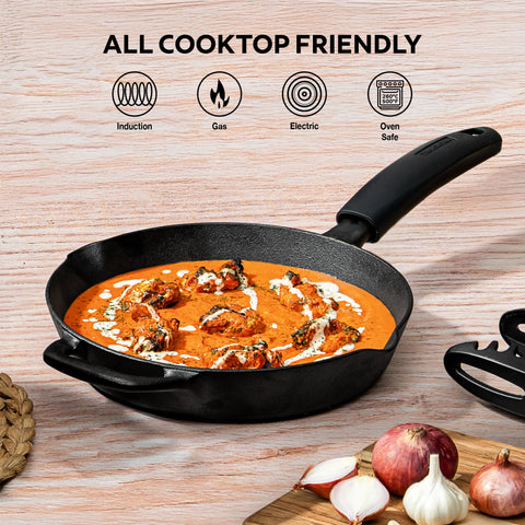 TRAMONTINA Titanex 24cm Cast Iron Fry Pan – Pre-Seasoned Skillet with Pour Spouts | Saute, Stir-Fry, Deep Fry, Sear & Bake | Gas & Induction Compatible | Natural Stone Finish