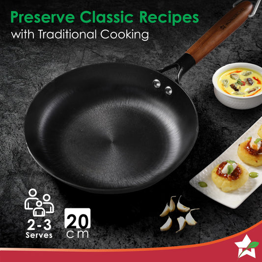 Wonderchef Pre-Seasoned Ferro Light 20cm Cast Iron Fry Pan | 800 ml | Acacia Wooden Handles | Gravity Moulding Technology | No Chemical Coating | 10 Year Warranty