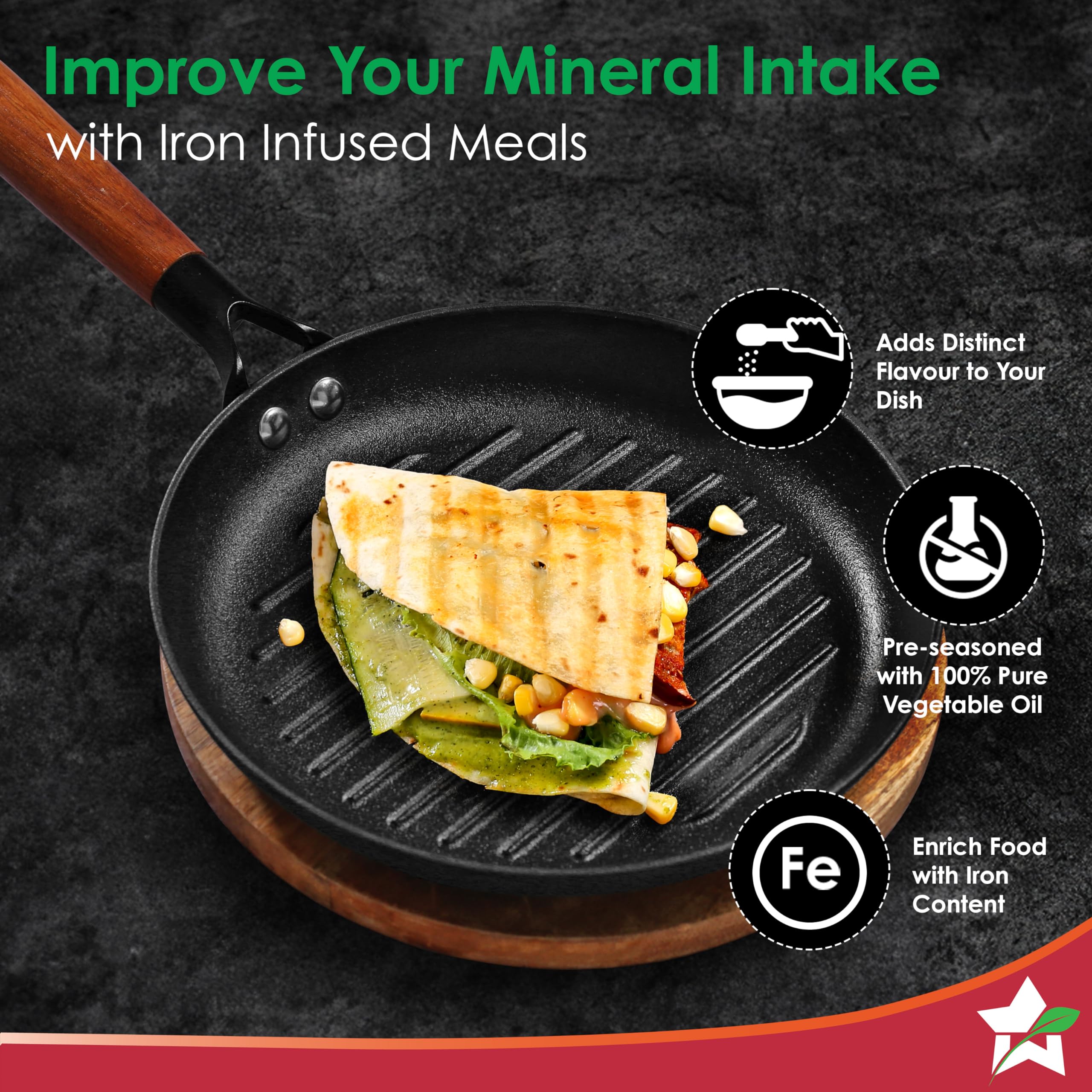 Wonderchef Ferro Light 24cm Grill Pan – Pre-Seasoned Cast Iron