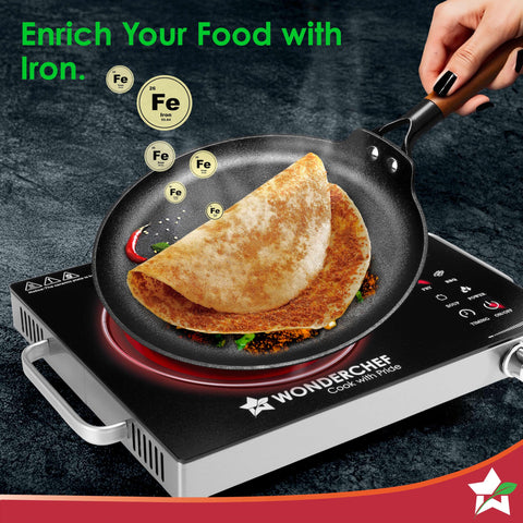 Wonderchef Ferro Light-Weight Cast-Iron Dosa Tawa, 26cm, 40% Lighter, Pre-Seasoned with 100% Vegetable Oil, Non-Toxic, Chemical-Free, Induction-Friendly, Long Cool-Touch Wood Handles, 10-Yr Warranty