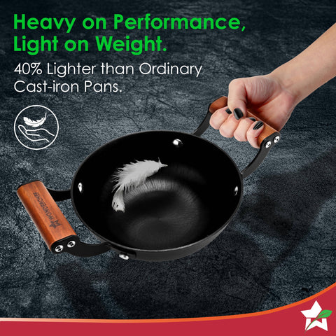 Wonderchef Ferro Light-Weight Cast-Iron Kadhai, 18cm, 40% Lighter, Pre-Seasoned with 100% Vegetable Oil, Non-Toxic, Chemical-Free, Induction-Friendly, Long Cool-Touch Wood Handles, 10-Yr Warranty