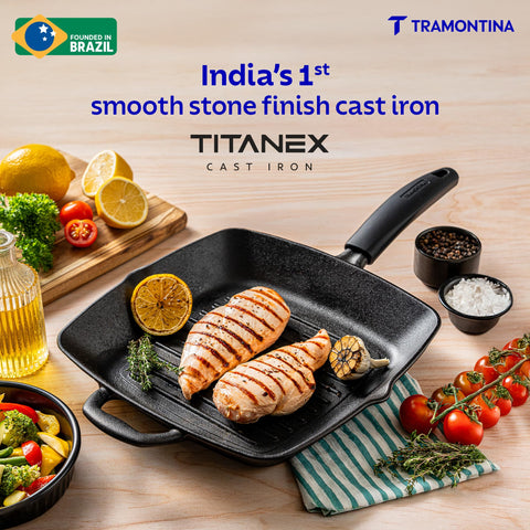 Tramontina Titanex 27 cm Pre-Seasoned Cast Iron Grill Pan, Non-Toxic, Induction Ready, Easy Hold Non-Slip Heat-Resistant Grip, Deep Ridges for Enhanced Texture & Fat Release, Spouts for Easy Deglazing