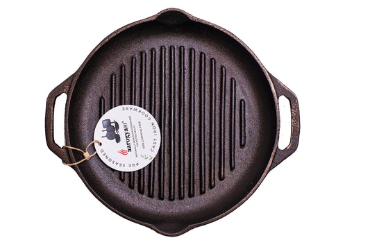 Aarogyam Cast Iron Grill Pan – 10-inch (25 cms) | Round| Short Double Handle | Pre-Seasoned | Gas & Induction Compatible | Non-Toxic | Naturally Non-Stick | Oven Safe (2.2 Kgs)
