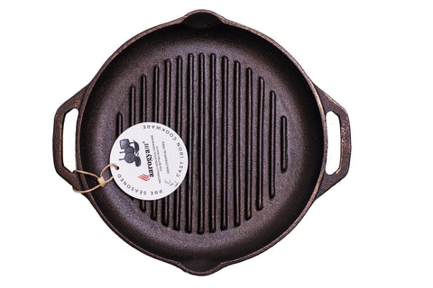 Aarogyam Cast Iron Grill Pan – 10-inch (25 cms) | Round| Short Double Handle | Pre-Seasoned | Gas & Induction Compatible | Non-Toxic | Naturally Non-Stick | Oven Safe (2.2 Kgs)