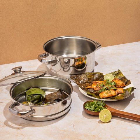 Vinod Stainless Steel 2 Tier Steamer with Glass Lid 24 cm | Multi-Purpose Modak & Momo Maker | Induction & Gas Stove Compatible | 2 Year Warranty – Silver