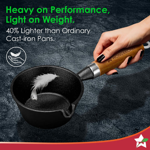 Wonderchef Ferro Light-Weight Cast-Iron Tadka Pan for Tempering, 40% Lighter, Pre-Seasoned with 100% Vegetable Oil, Chemical-Free, Induction-Friendly, Long Cool-Touch Wood Handles, 10-Yr Warranty