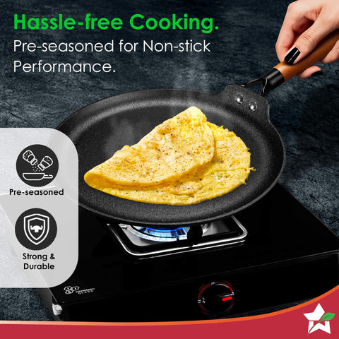 Wonderchef Ferro Light-Weight Cast-Iron Dosa Tawa, 26cm, 40% Lighter, Pre-Seasoned with 100% Vegetable Oil, Non-Toxic, Chemical-Free, Induction-Friendly, Long Cool-Touch Wood Handles, 10-Yr Warranty