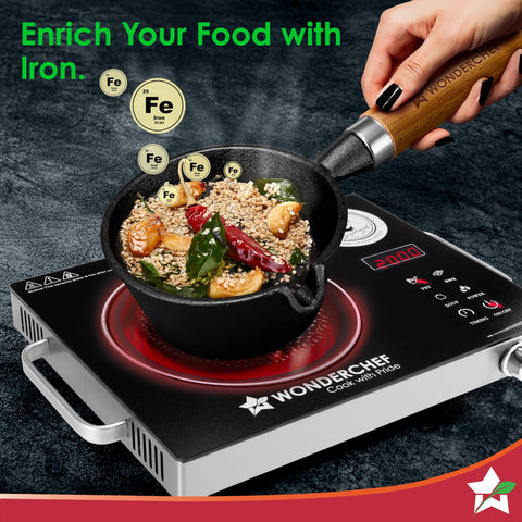 Wonderchef Ferro Light-Weight Cast-Iron Tadka Pan for Tempering, 40% Lighter, Pre-Seasoned with 100% Vegetable Oil, Chemical-Free, Induction-Friendly, Long Cool-Touch Wood Handles, 10-Yr Warranty