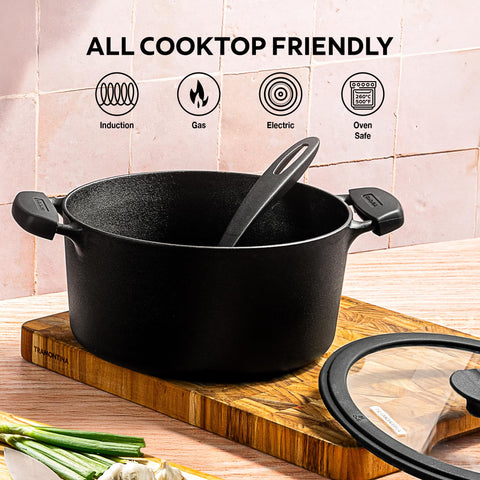 Tramontina TITANEX 24cm/4.9L Pre-Seasoned Heritage Cast Iron Casserole with Toughened Glass Lid | Gas/Induction Compatible Biryani Pot | Stock Pot with Snap-On Silicone Grips | Life-Time Warranty*