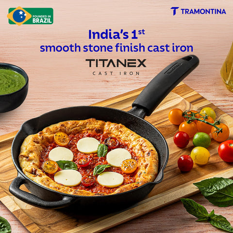 TRAMONTINA Titanex 22cm Cast Iron Fry Pan – Pre-Seasoned Skillet with Pour Spouts | Saute, Stir-Fry, Deep Fry, Sear & Bake | Gas & Induction Compatible | Natural Stone Finish.