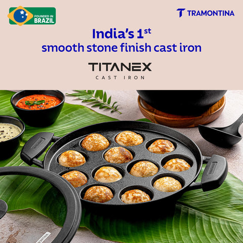TRAMONTINA Titanex 26 cm Pre-Seasoned Cast Iron Paniyaram/Appe Pan – 12 Pits | Non-Toxic | Induction Ready | Toughned Glass Lid | Snap-on Cool Touch Grips | Superior Heat Retention.