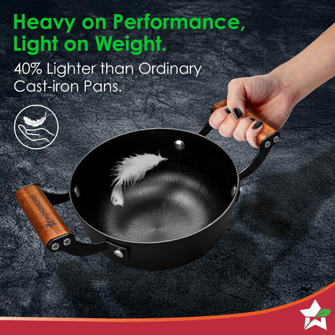 Wonderchef Ferro Light-weight Cast-iron Deep Kadhai, 20cm, 40% Lighter, Pre-seasoned with 100% Vegetable Oil, Non-toxic, Chemical-free, Induction-friendly, Long Cool-touch Wood Handles, 10-Yr Warranty
