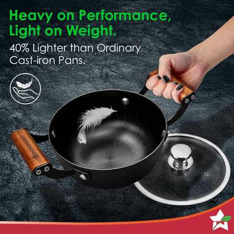 Wonderchef Ferro Light-Weight Cast-Iron Casserole & Glass Lid, 24cm, 40% Lighter, Pre-Seasoned with 100% Vegetable Oil, Chemical-Free, Induction-Friendly, Long Cool-Touch Wood Handles, 10-Yr Warranty