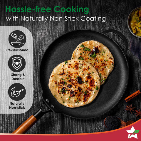 Wonderchef Ferro Light-Weight Cast-Iron Dosa Tawa | 30cm | Pre-Seasoned with 100% Vegetable Oil | 40% Lighter Than Regular Cast-Iron Cookware | Cool-Touch Real Acacia Wood Handles | 10-Year Warranty