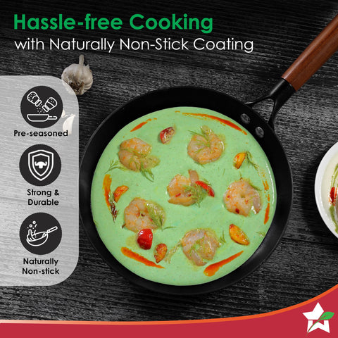 Wonderchef Pre-Seasoned Ferro Light 20cm Cast Iron Fry Pan | 800 ml | Acacia Wooden Handles | Gravity Moulding Technology | No Chemical Coating | 10 Year Warranty